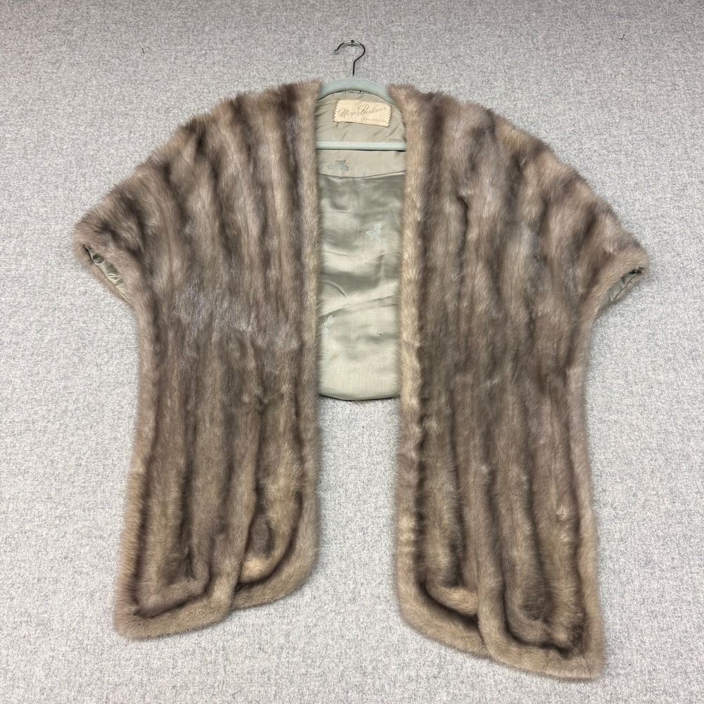 Meyer Berliner Vintage Mink Fur Stole One Size Taupe Gray Satin Lined Wrap Pocke